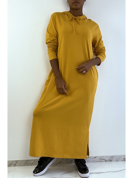 Longue robe sweat abaya moutarde à capuche - 1
