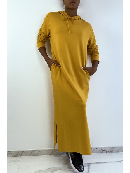 Longue robe sweat abaya moutarde à capuche - 2