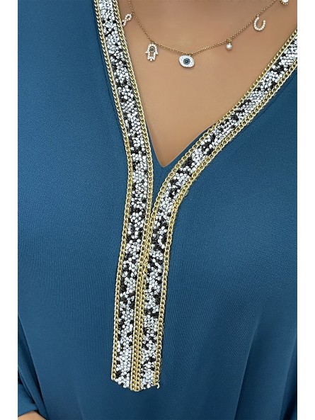 Abaya bleu canard à encolure de strass et manches longues - 6