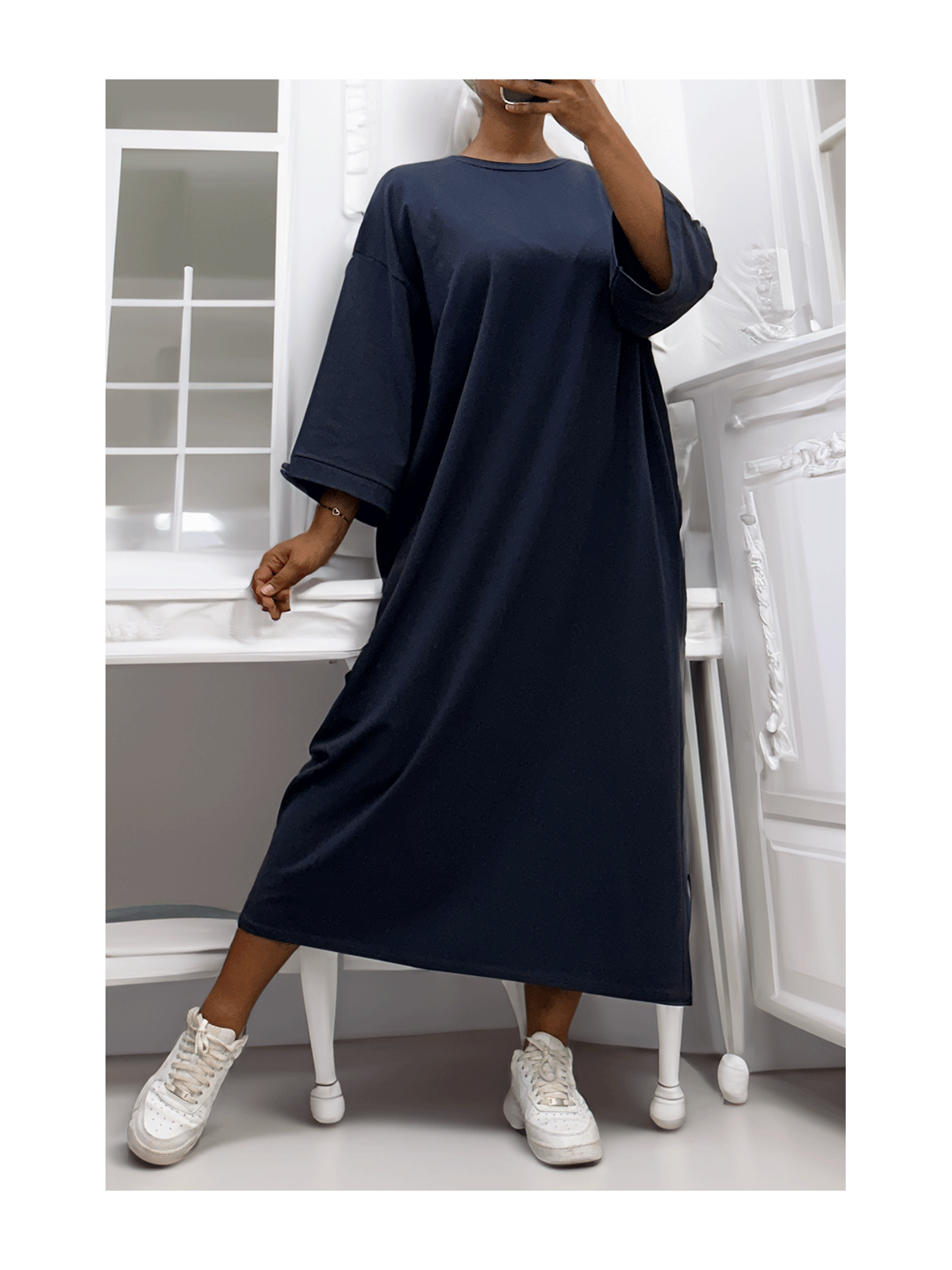 Longue robe over size en coton marine très épais - 4
