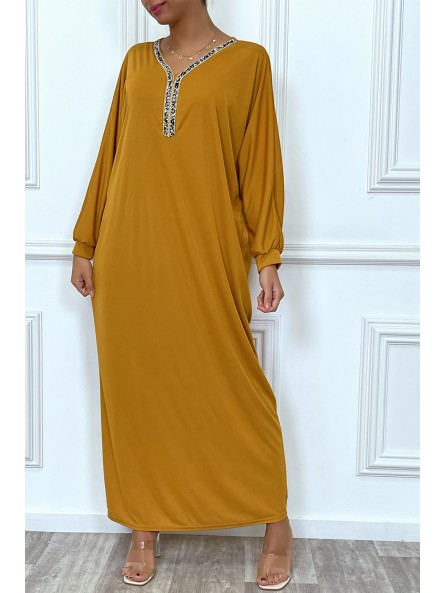 Abaya moutarde à encolure de strass et manches longues - 2