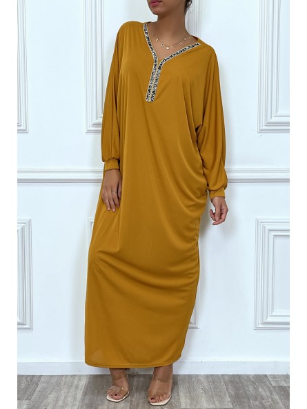 Abaya moutarde à encolure de strass et manches longues - 3