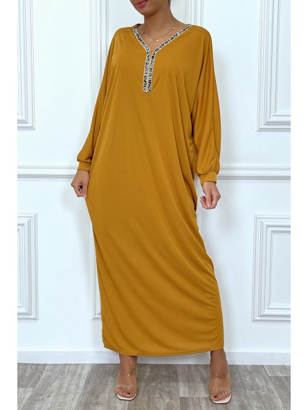 Abaya moutarde à encolure de strass et manches longues - 4