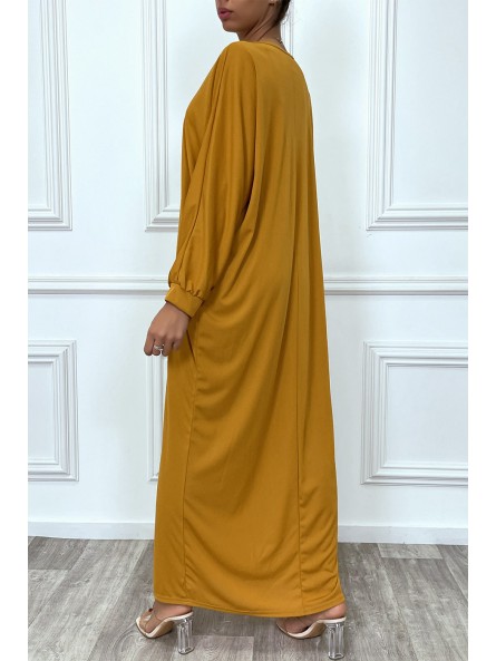 Abaya moutarde à encolure de strass et manches longues - 8