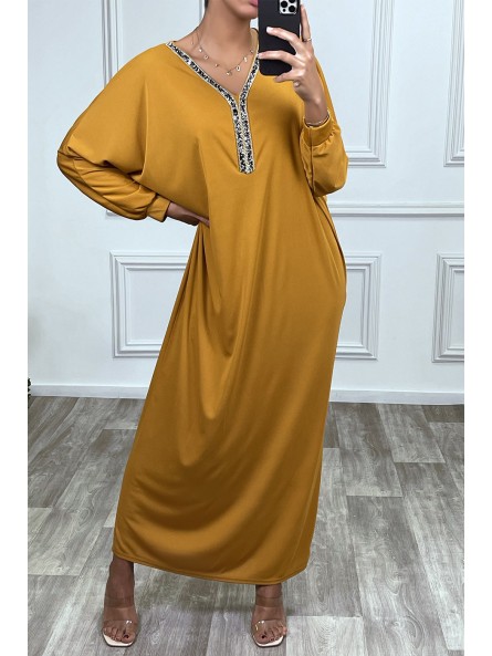 Abaya moutarde à encolure de strass et manches longues - 11