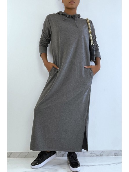 Longue robe sweat abaya anthracite à capuche - 3