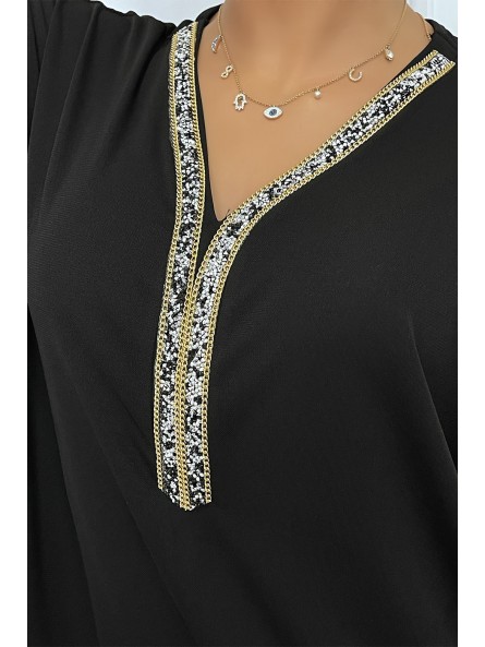 Abaya noire à encolure de strass et manches longues - 5