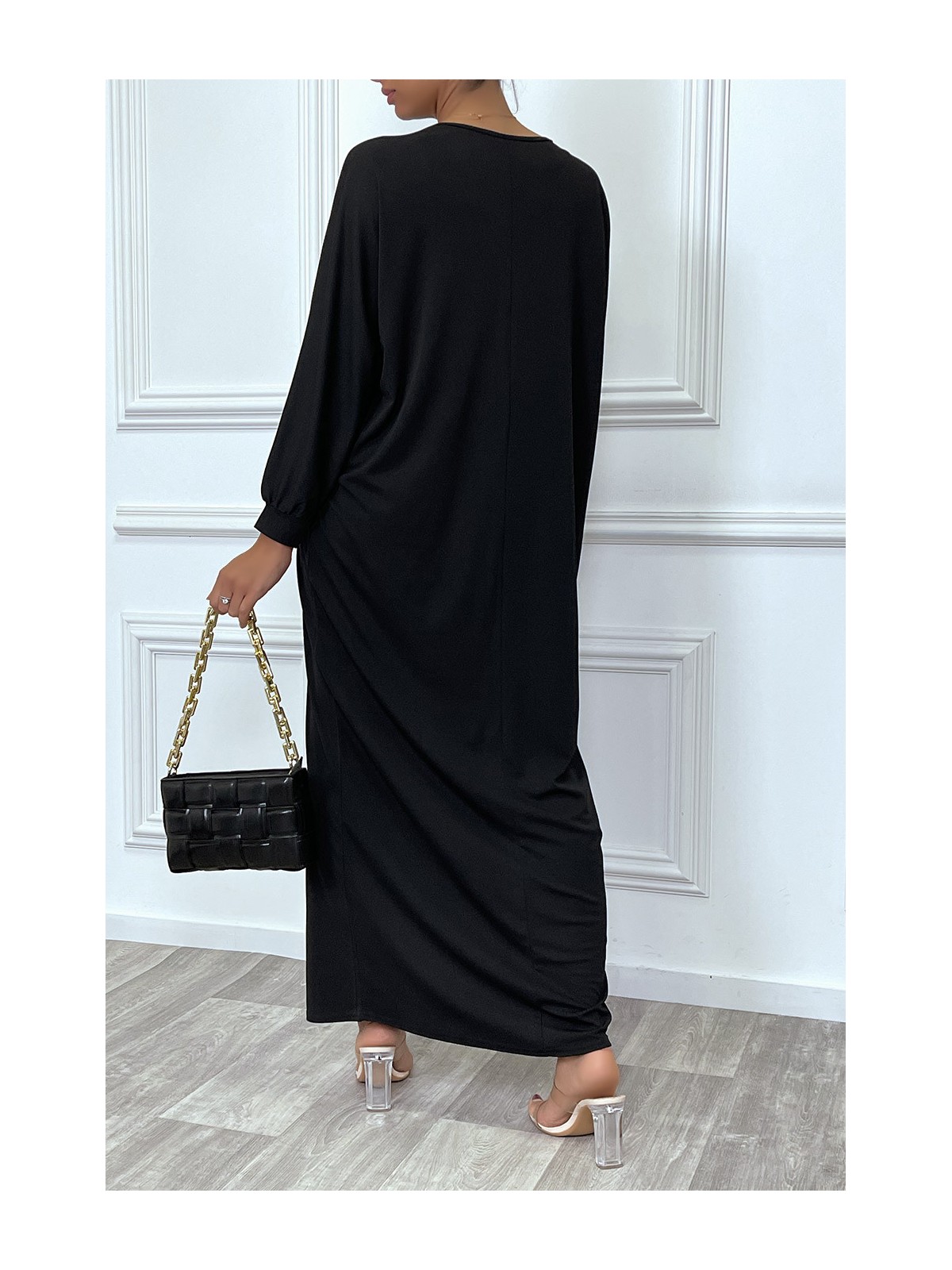 Abaya noire à encolure de strass et manches longues - 6