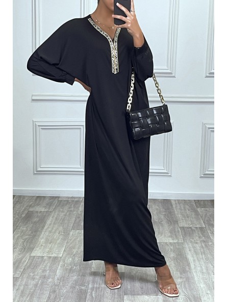 Abaya noire à encolure de strass et manches longues - 7
