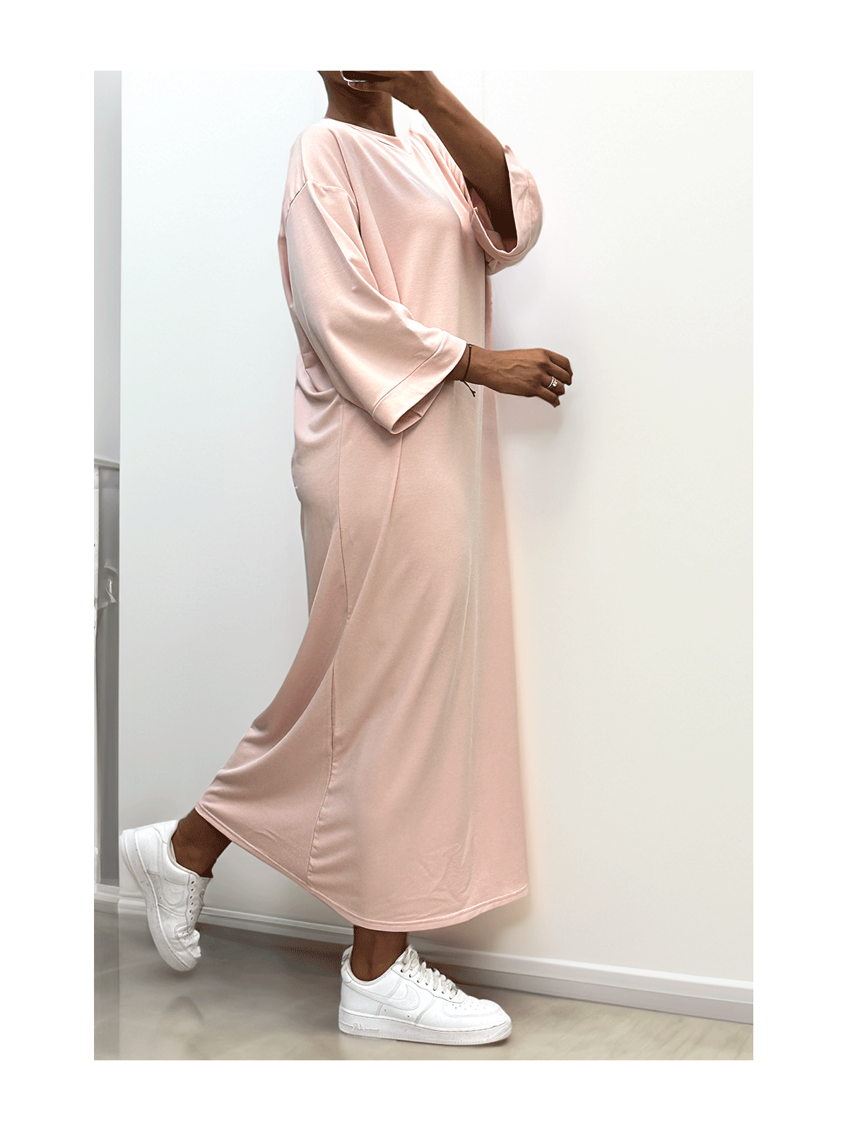 Longue robe over size en coton rose très épais - 4