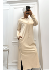 Longue robe sweat abaya beige à capuche - 5