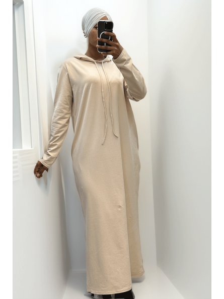 Longue robe sweat abaya beige à capuche - 7