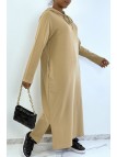 Longue robe sweat abaya camel à capuche - 2