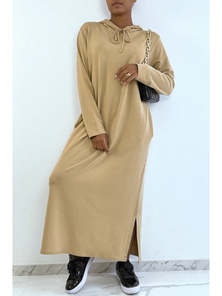 Longue robe sweat abaya camel à capuche - 5