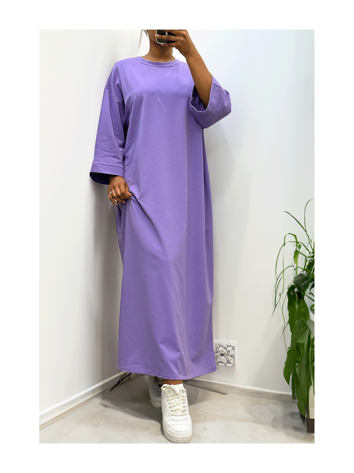 Longue robe over size en coton lilas très épais - 1