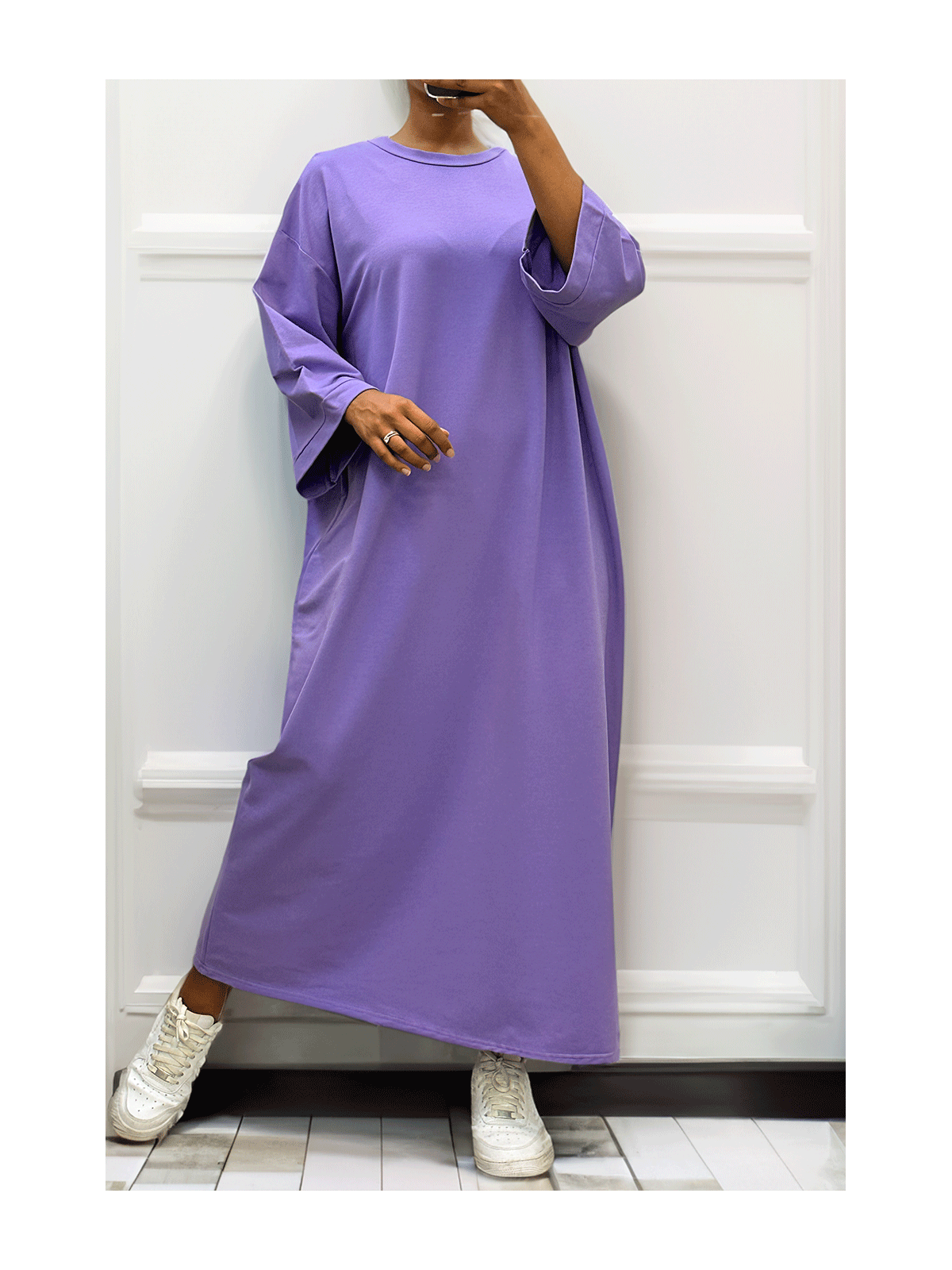 Longue robe over size en coton lilas très épais - 5