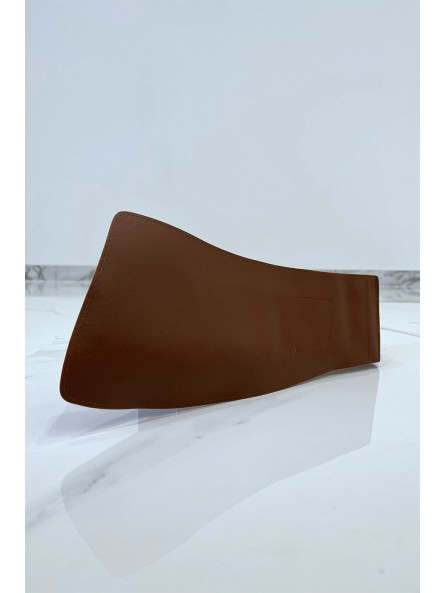 Ceinture asymétrique marron en tissus stretch et simili cuir et grosse boucle métallique - 1