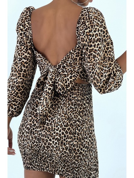 Robe moulante motif léopard avec fronce bonnet et dos nu - 5