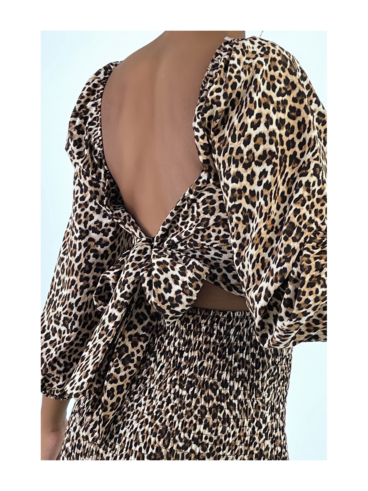 Robe moulante motif léopard avec fronce bonnet et dos nu - 7