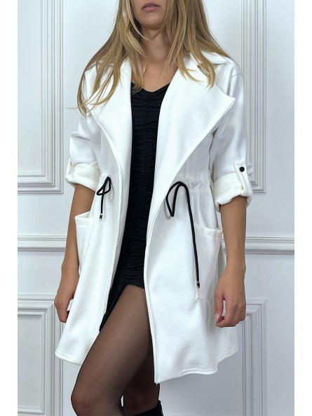 Manteau 3/4 blanc avec ceinture lacet à la taille avec poches - 3