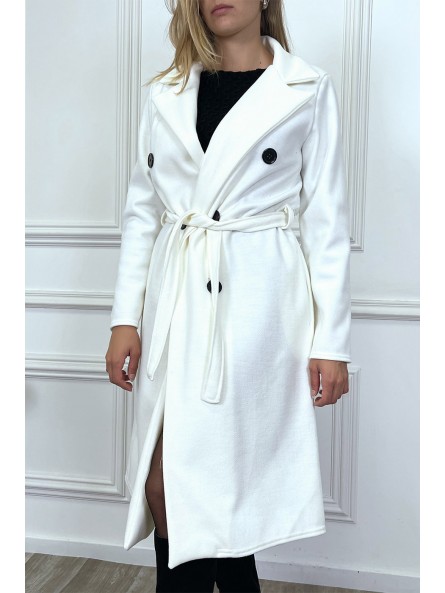 Long manteau croisé en blanc avec poches boutons et ceinture - 3