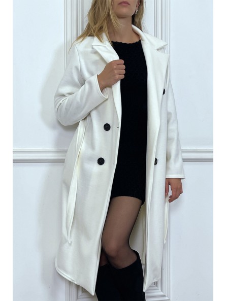 Long manteau croisé en blanc avec poches boutons et ceinture - 6