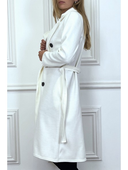 Long manteau croisé en blanc avec poches boutons et ceinture - 7