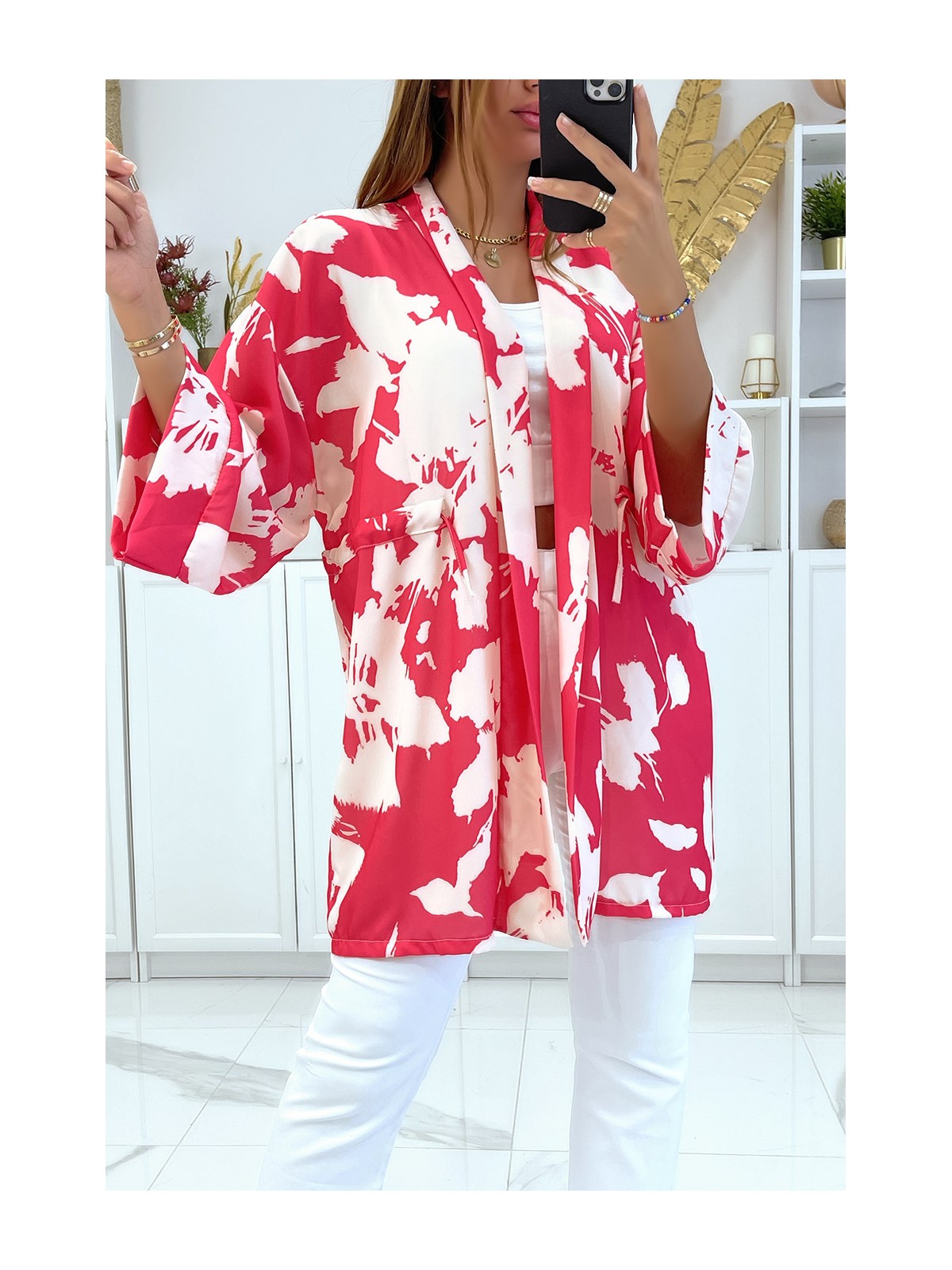 Kimono fuchsia avec joli motif ajustable à la taille - 3