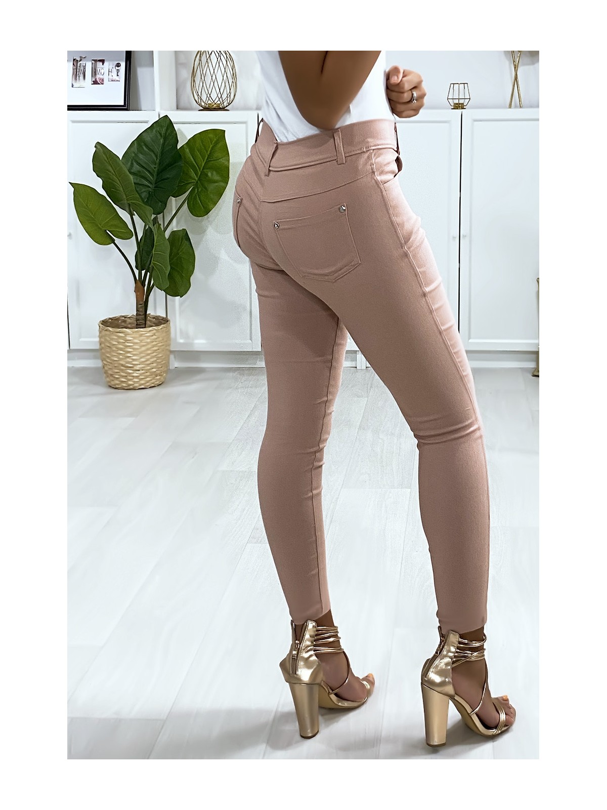 Pantalon slim rose en grande taille , basic avec poches avant et arrière - 2