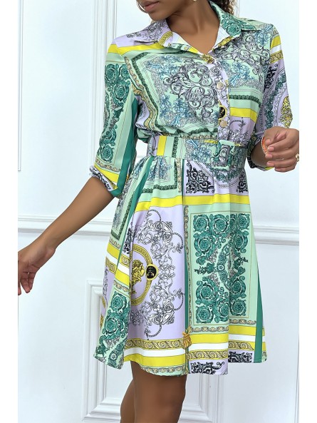 Robe chemise verte ceinturée motif baroque mi-longue - 6