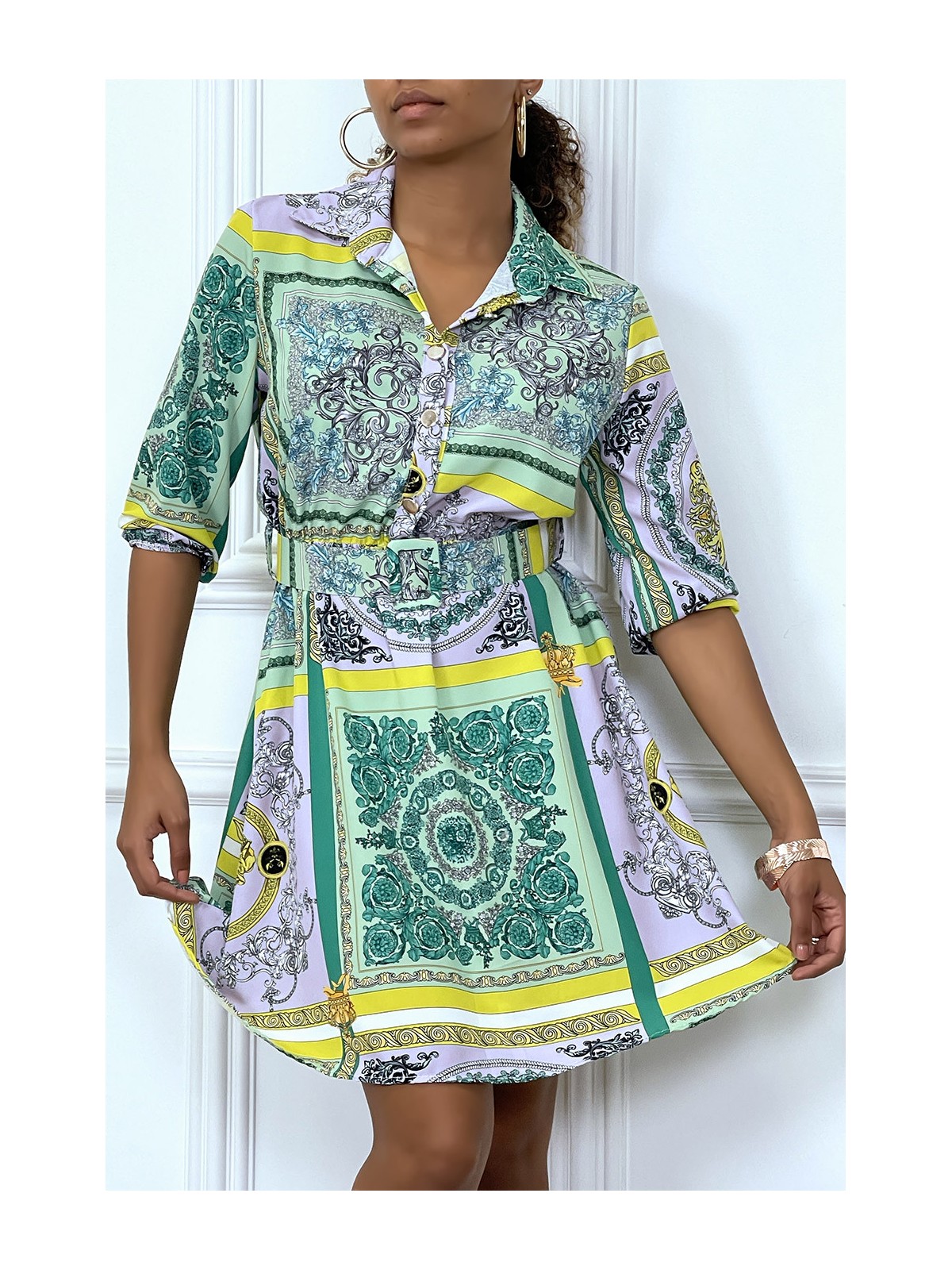 Robe chemise verte ceinturée motif baroque mi-longue - 8
