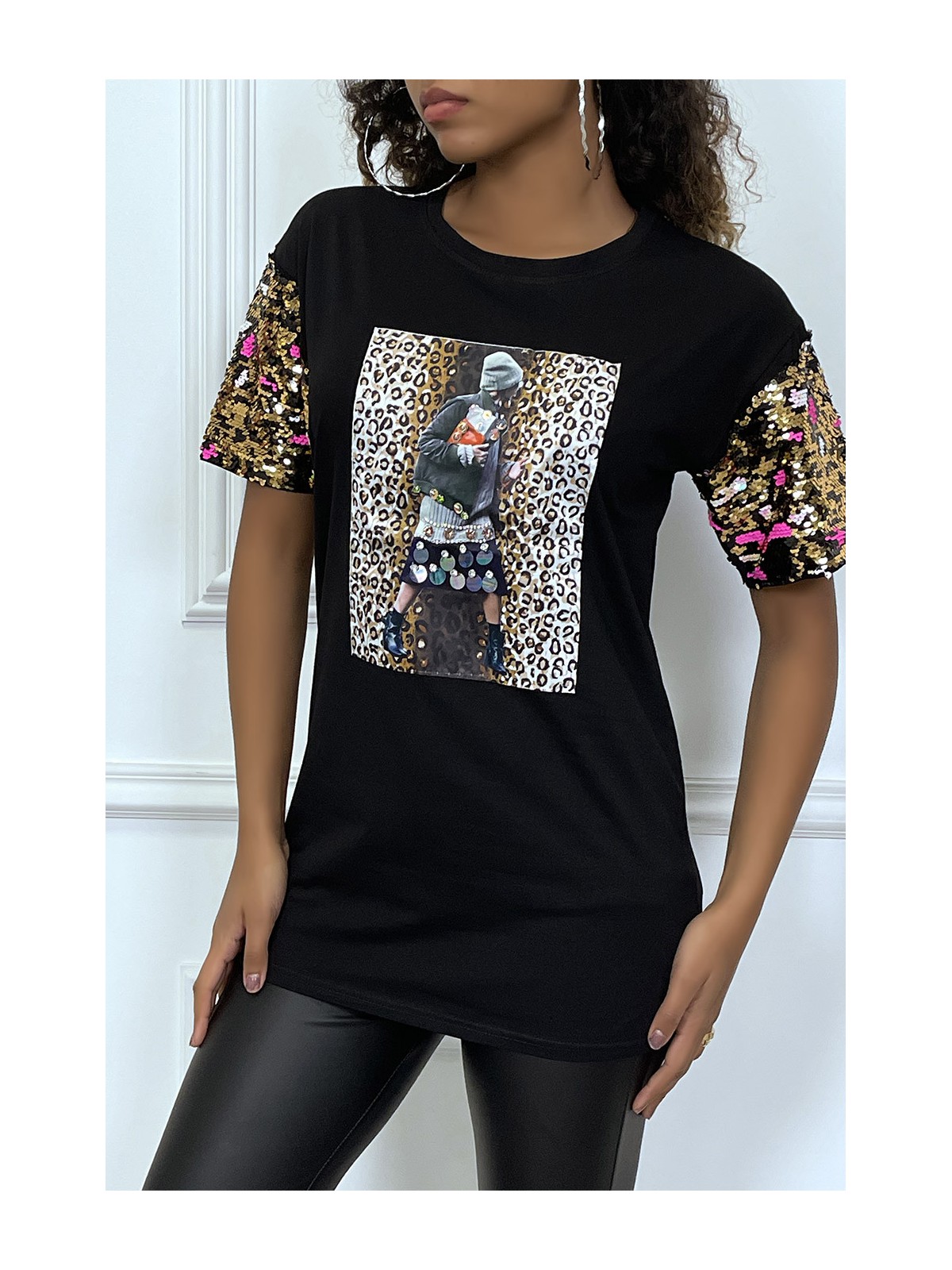 Tee-shirt noir oversize motif leopard et sequins - 1