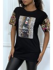 Tee-shirt noir oversize motif leopard et sequins - 1