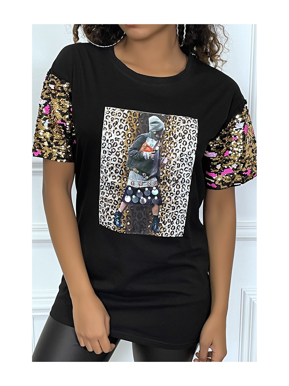 Tee-shirt noir oversize motif leopard et sequins - 2