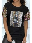 Tee-shirt noir oversize motif leopard et sequins - 2