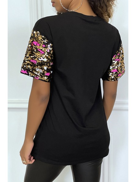 Tee-shirt noir oversize motif leopard et sequins - 3