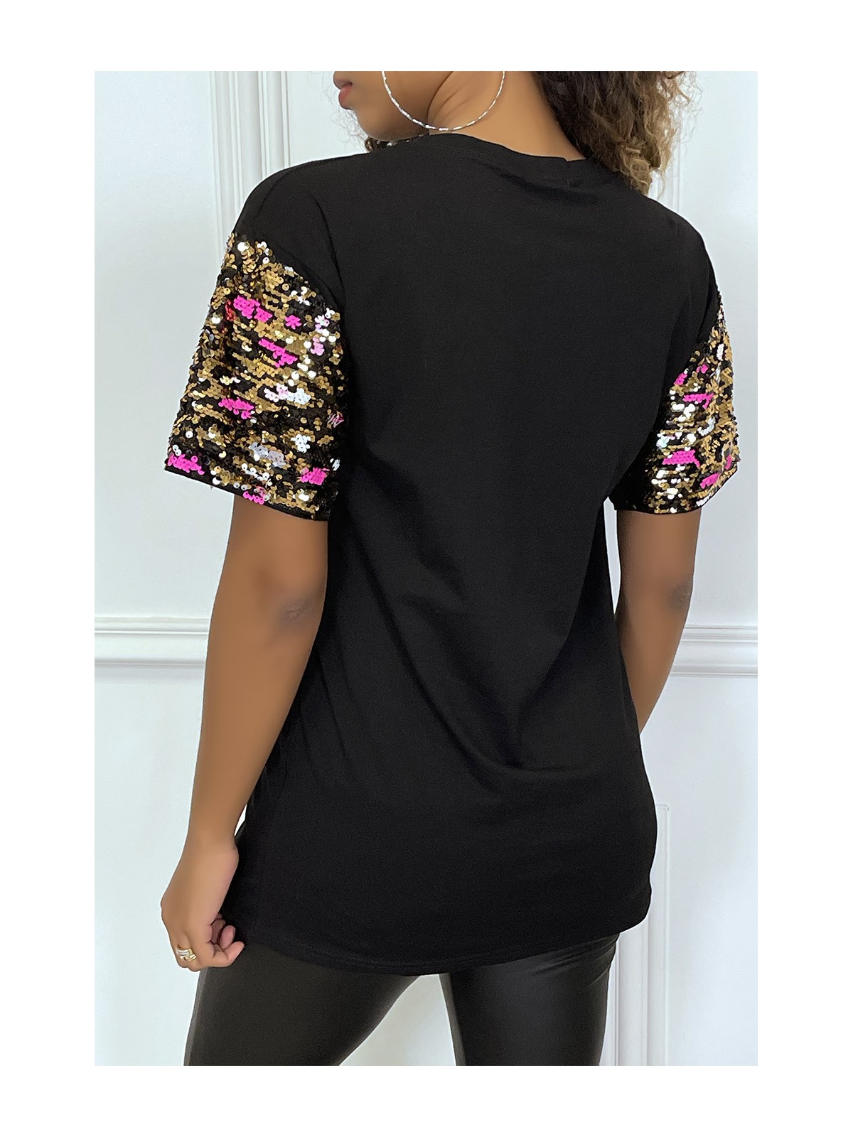 Tee-shirt noir oversize motif leopard et sequins - 3