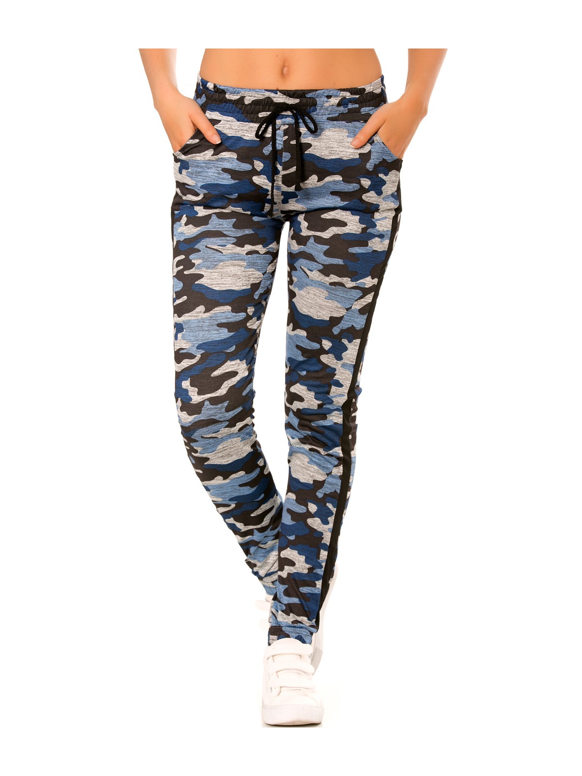 Pantalon jogging militaire bleu avec poches et bandes noires. Enleg 9-104A. - 1
