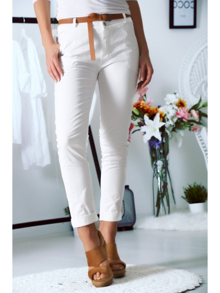 Superbe pantalon Blanc slim avec ceinture en similicuir - 3