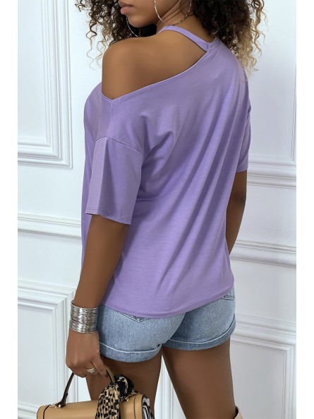 Tee-shirt lila avec epaule denudé - 6