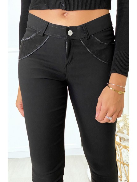 Pantalon slim noir en strech avec zip et suédine à l'avant - 3