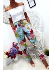 Pantalon fluide très agréable à porter en coton, motif fleuri turquoise avec poche et lacet - 1