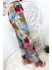 Pantalon fluide très agréable à porter en coton, motif fleuri turquoise avec poche et lacet - 5