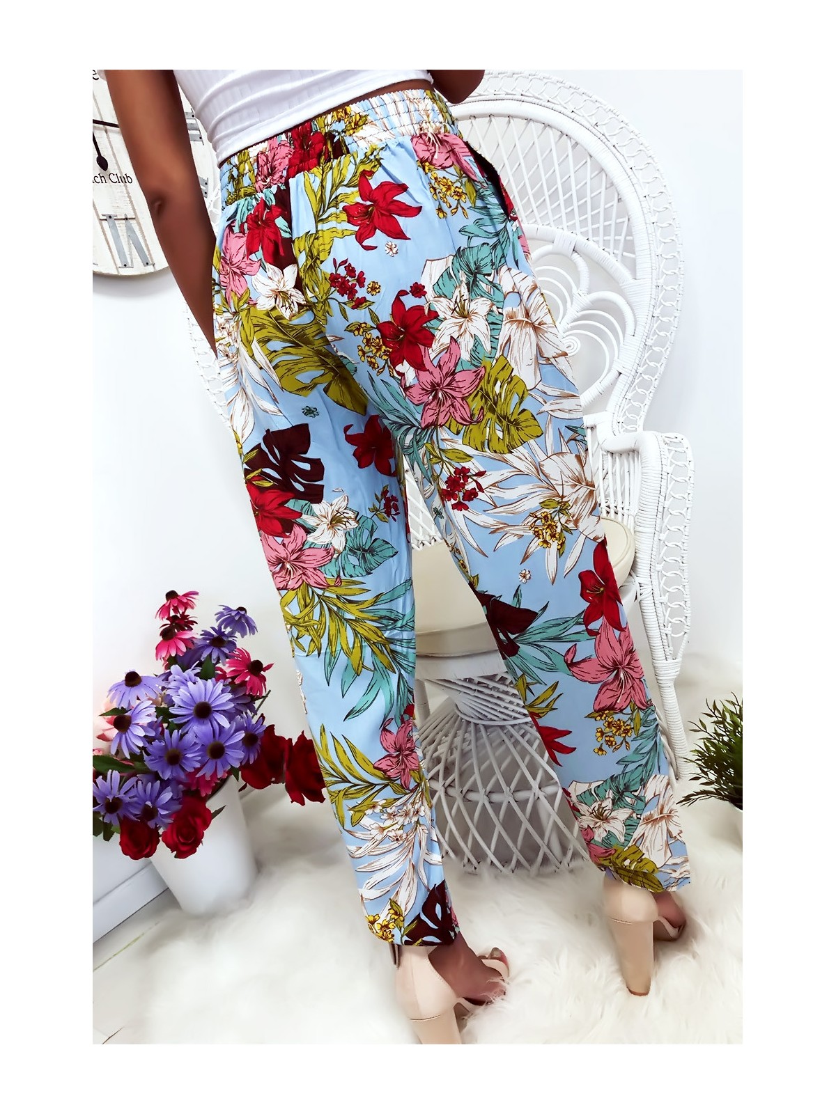 Pantalon fluide très agréable à porter en coton, motif fleuri turquoise avec poche et lacet - 6
