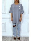 Tee-shirt oversize anthracite tendance avec dessin en coton - 1