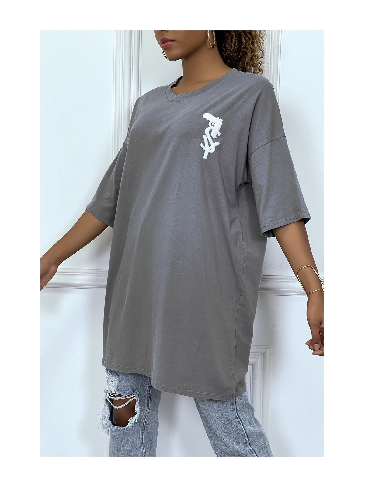 Tee-shirt oversize anthracite tendance avec dessin en coton - 2