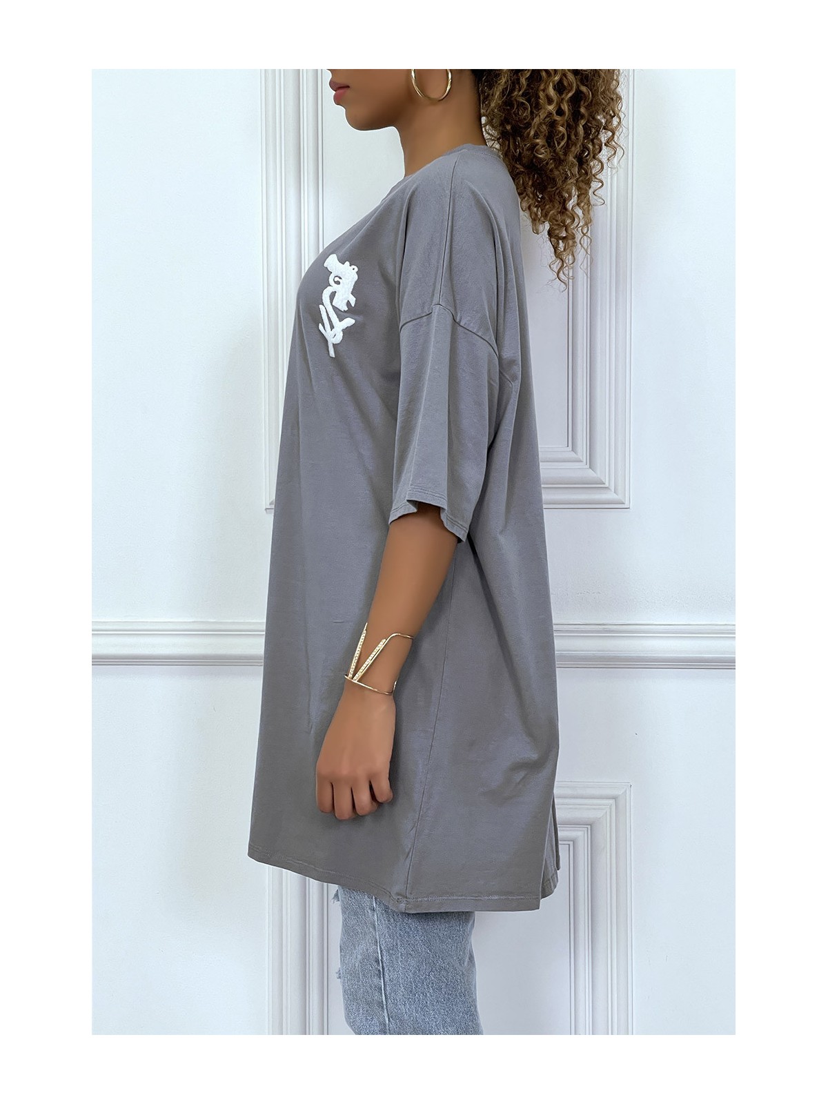 Tee-shirt oversize anthracite tendance avec dessin en coton - 3