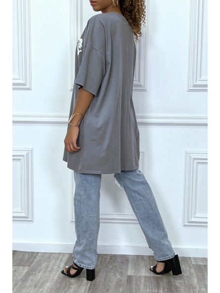 Tee-shirt oversize anthracite tendance avec dessin en coton - 4