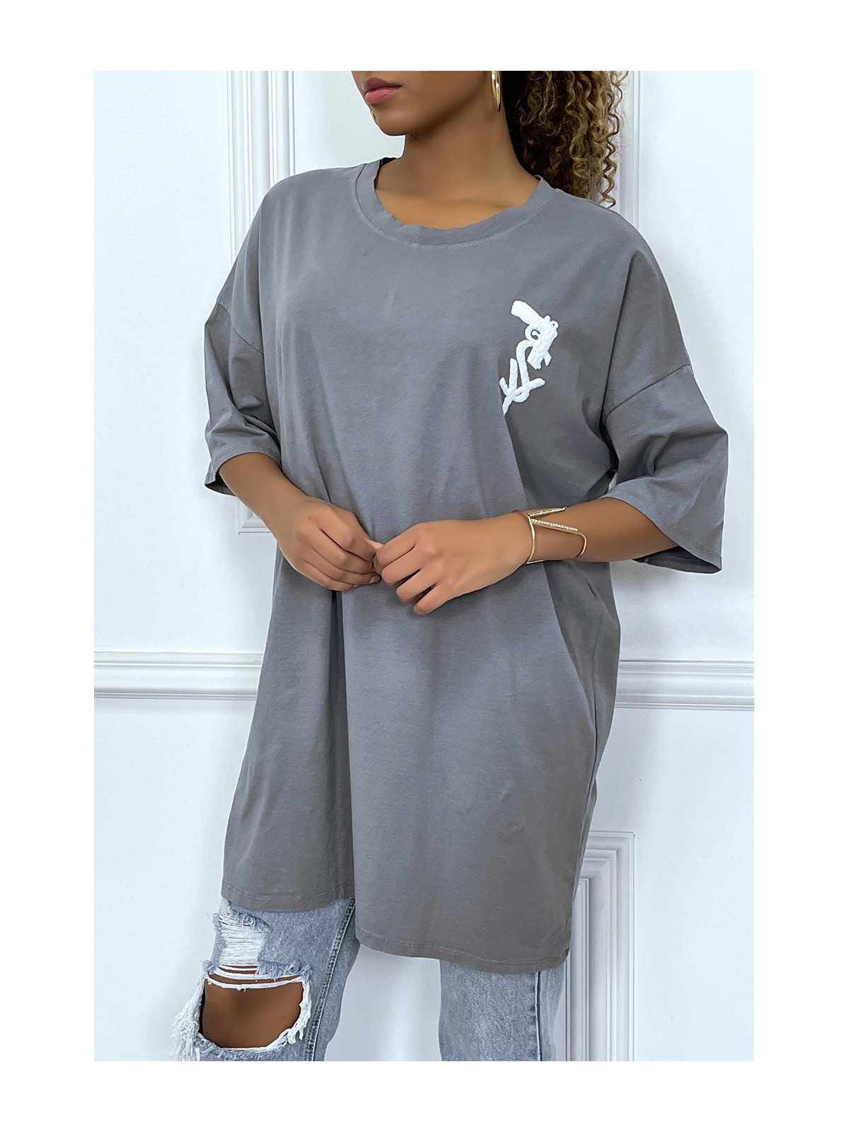 Tee-shirt oversize anthracite tendance avec dessin en coton - 5
