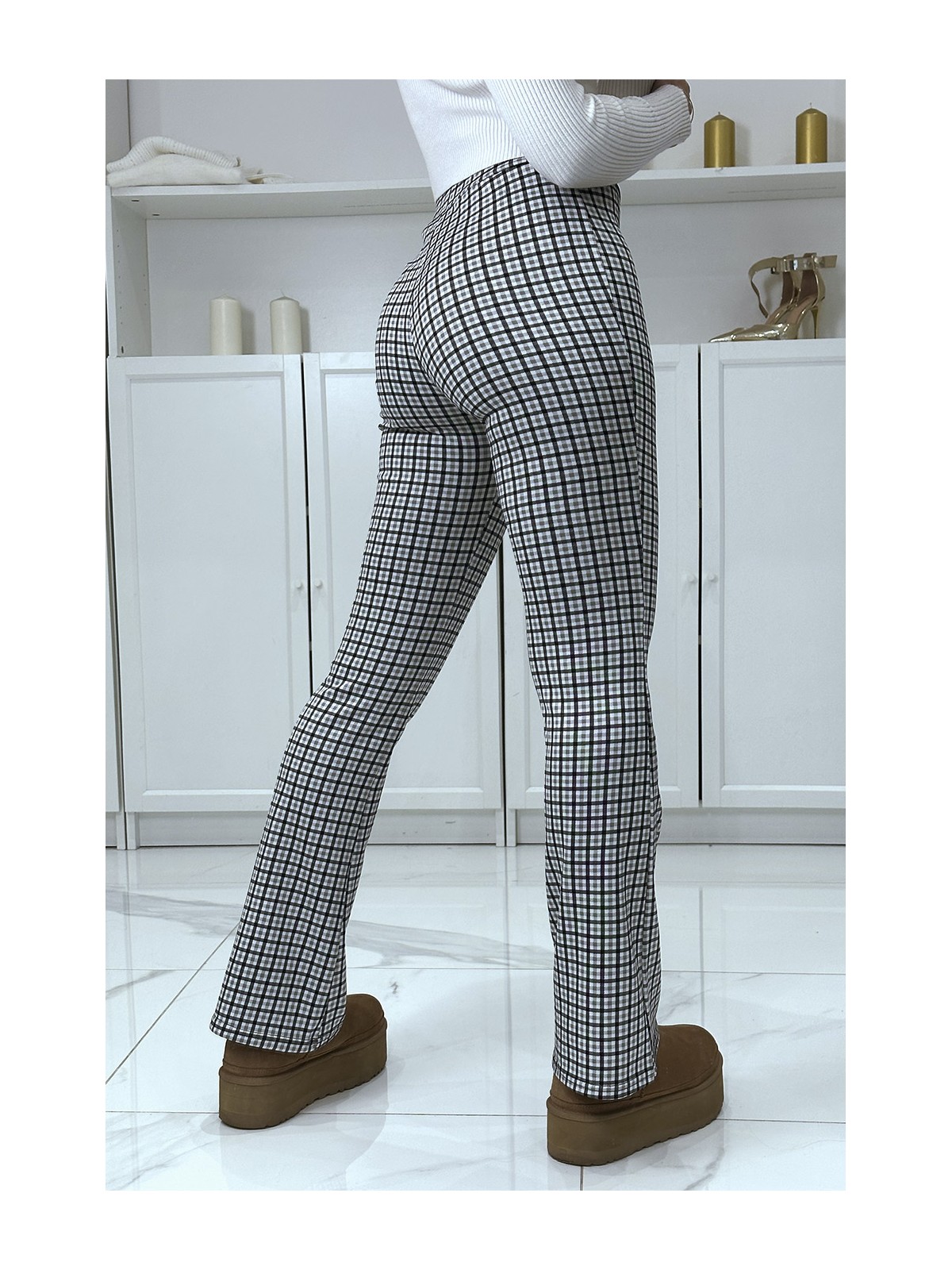 Pantalon blanc motif carreaux patte d'eph - 3